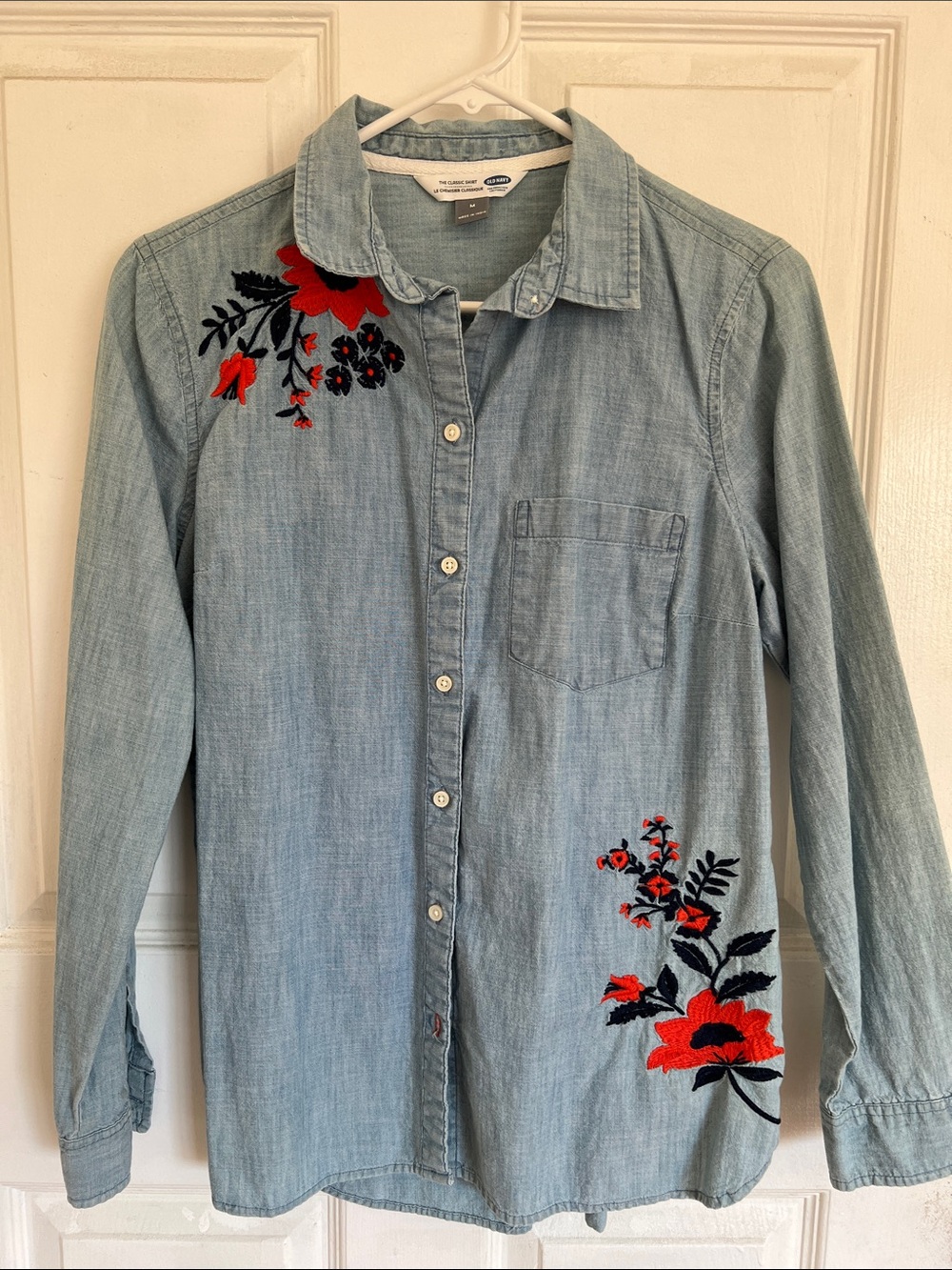 Old Navy Light Blue Denim Long Sleeve Shirt with Red & Black Floral Embroidery